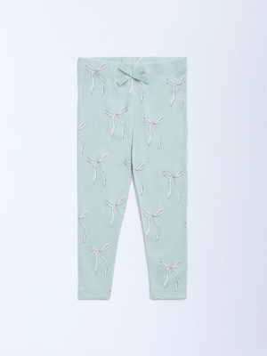 HOP Kids Sage Bow Design High-Rise Cotton-Blend Leggings