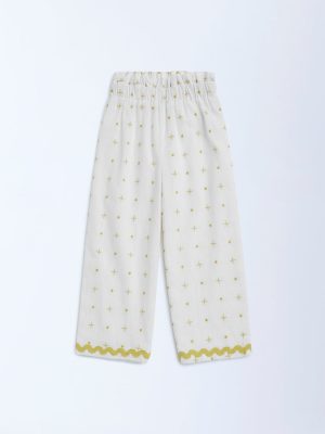 HOP Kids Off-White Embroidered High-Rise Cotton Trousers