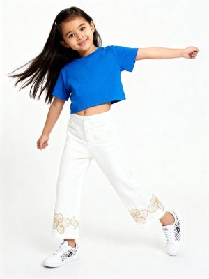 HOP Kids Kids White Floral Embroidered High-Rise Cotton Trousers