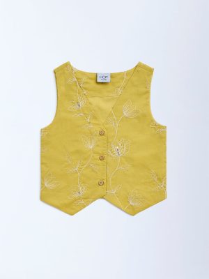 HOP Kids Mustard Floral Embroidered Cotton Vest Top