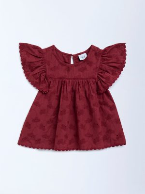 HOP Kids Wine Embroidered Cotton Top