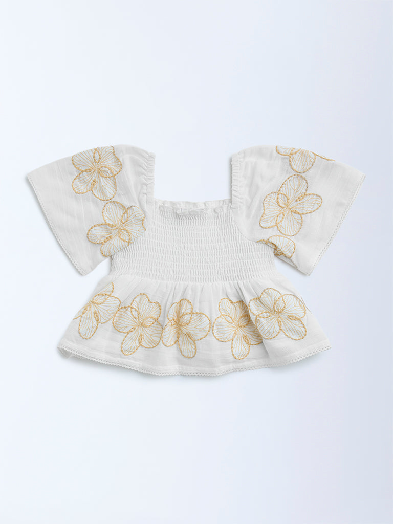 HOP Kids White Floral Embroidered Smocked Cotton Top - Image 3