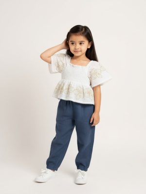 HOP Kids White Floral Embroidered Smocked Cotton Top