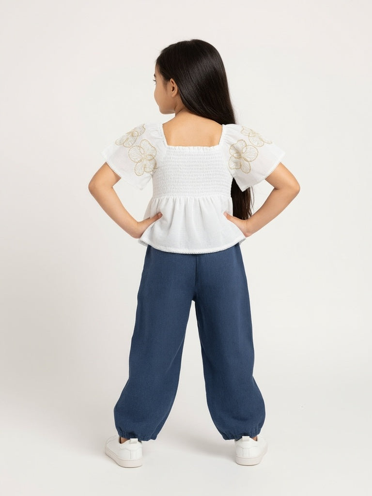 HOP Kids White Floral Embroidered Smocked Cotton Top - Image 2