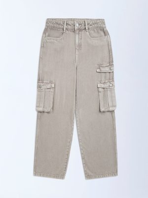 Y&F Kids Khaki Cargo-Style Relaxed-Fit Mid-Rise Jeans