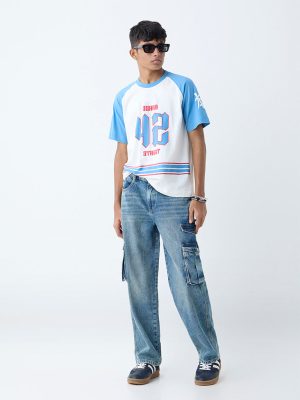 Y&F Kids Blue Faded Cargo-Style Mid-Rise Relaxed-Fit Jeans