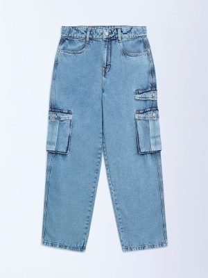 Y&F Kids Blue Cargo-Style Relaxed-Fit Mid-Rise Jeans