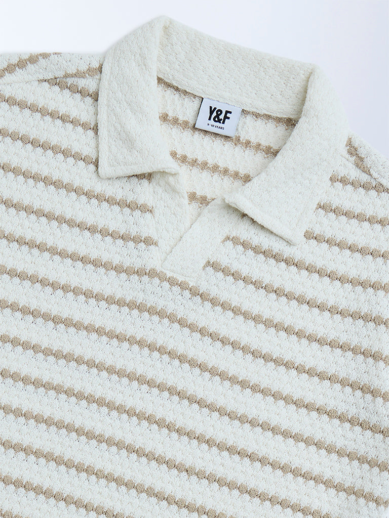 Y&F Kids Off-White Striped Cotton-Blend T-Shirt - Image 3