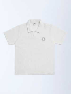 Y&F Kids Off-White Knit-Textured Cotton T-Shirt