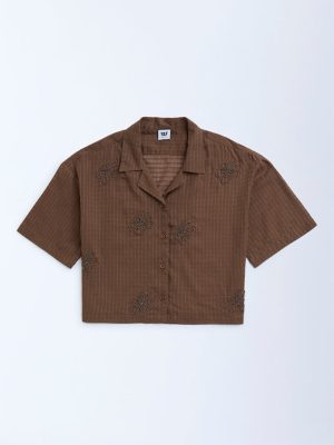Y&F Kids Dark Brown Floral Embroidered Cotton Shirt