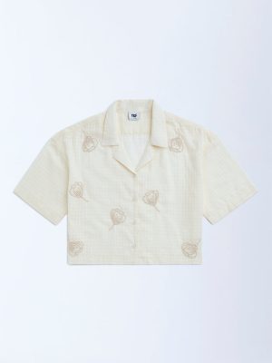 Y&F Kids Off-White Floral Embroidered Cotton Shirt