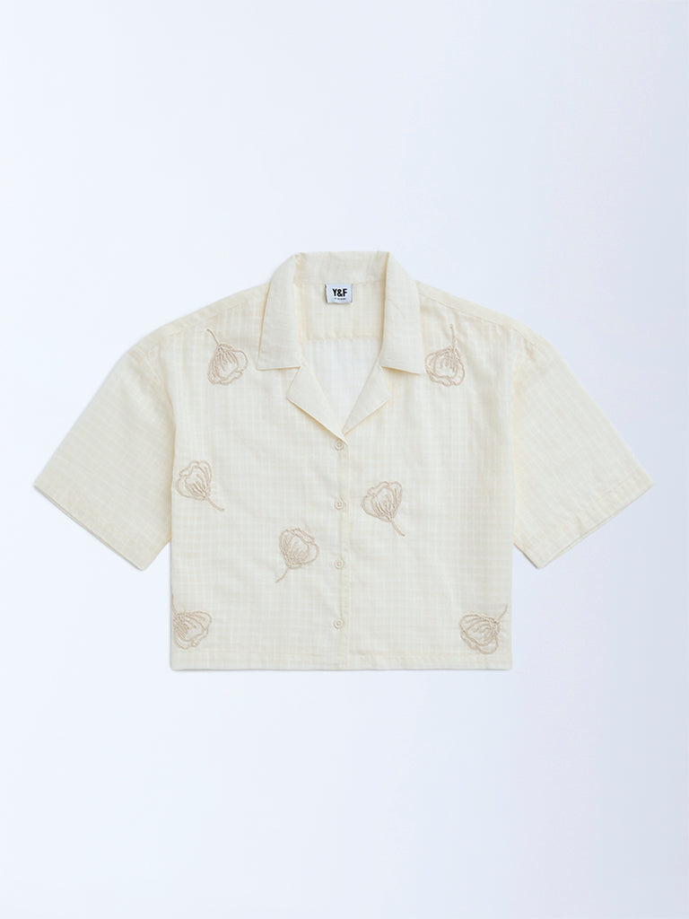 Y&F Kids Off-White Floral Embroidered Cotton Shirt