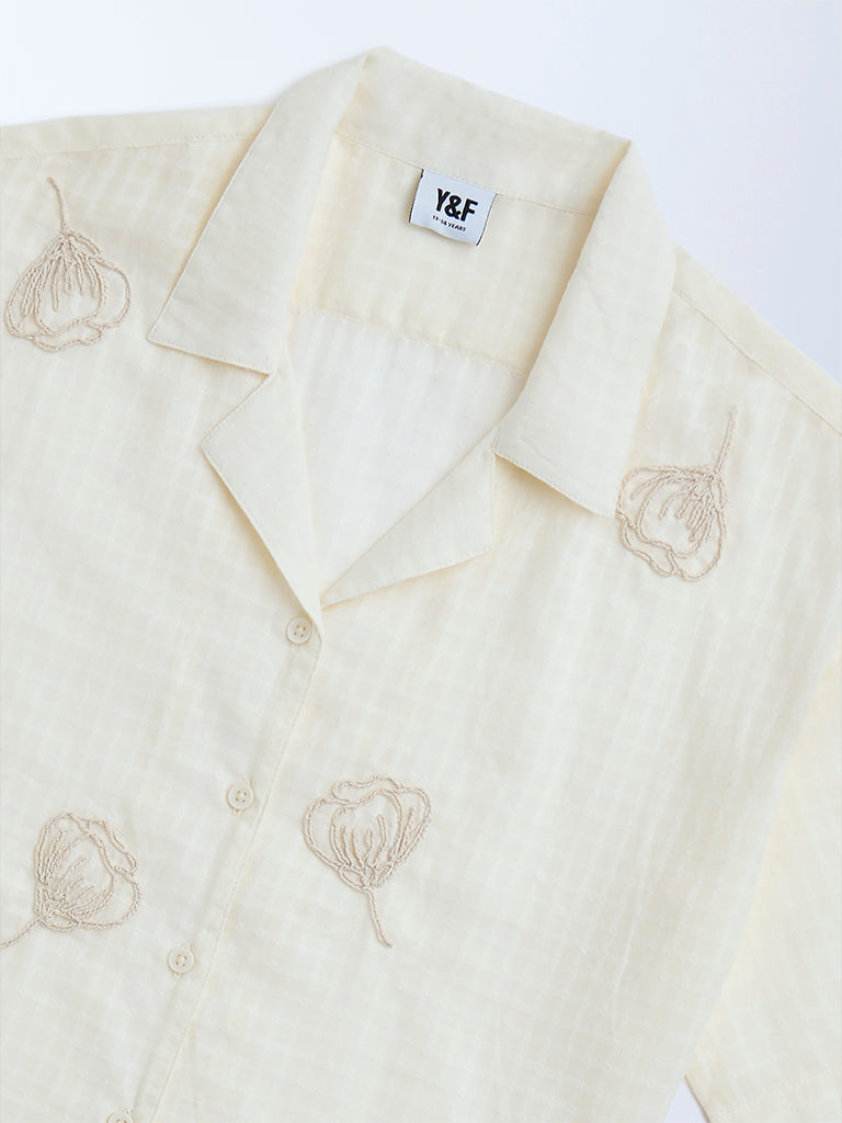 Y&F Kids Off-White Floral Embroidered Cotton Shirt - Image 4
