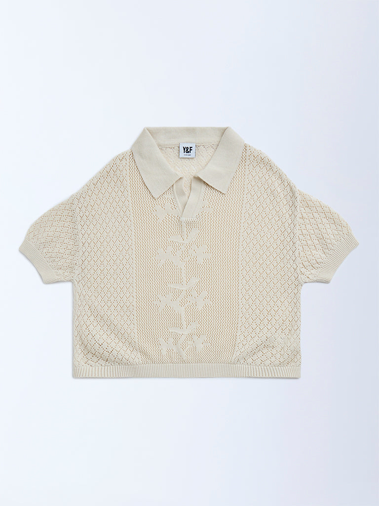 Y&F Kids Beige Knit-Textured Cotton Sweater
