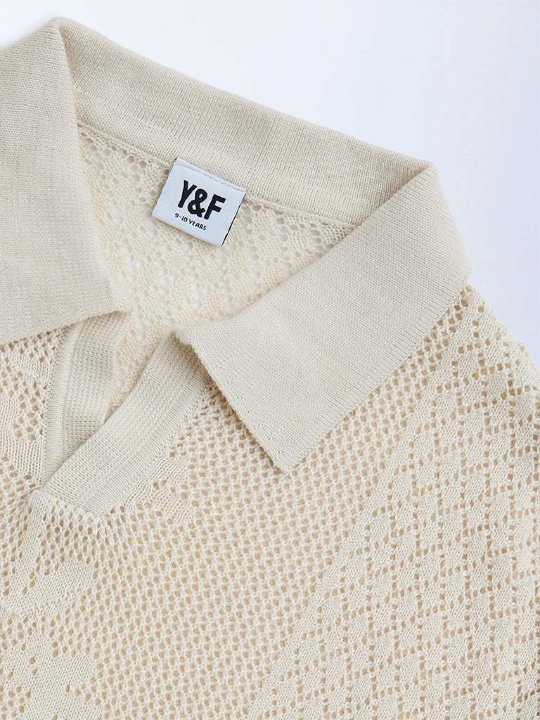Y&F Kids Beige Knit-Textured Cotton Sweater - Image 3