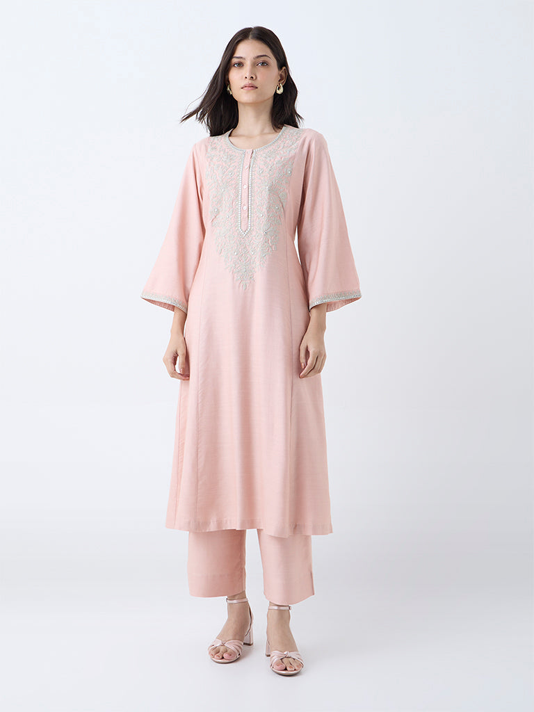 Zuba Light Pink Floral Embroidered A-Line Kurta