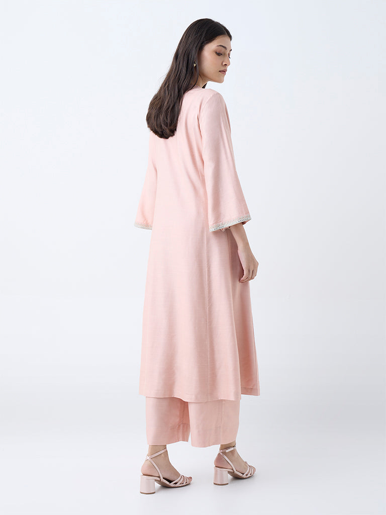 Zuba Light Pink Floral Embroidered A-Line Kurta - Image 4