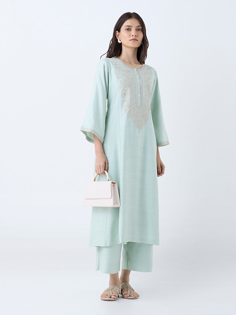 Zuba Mint Floral Embroidered A-Line Kurta