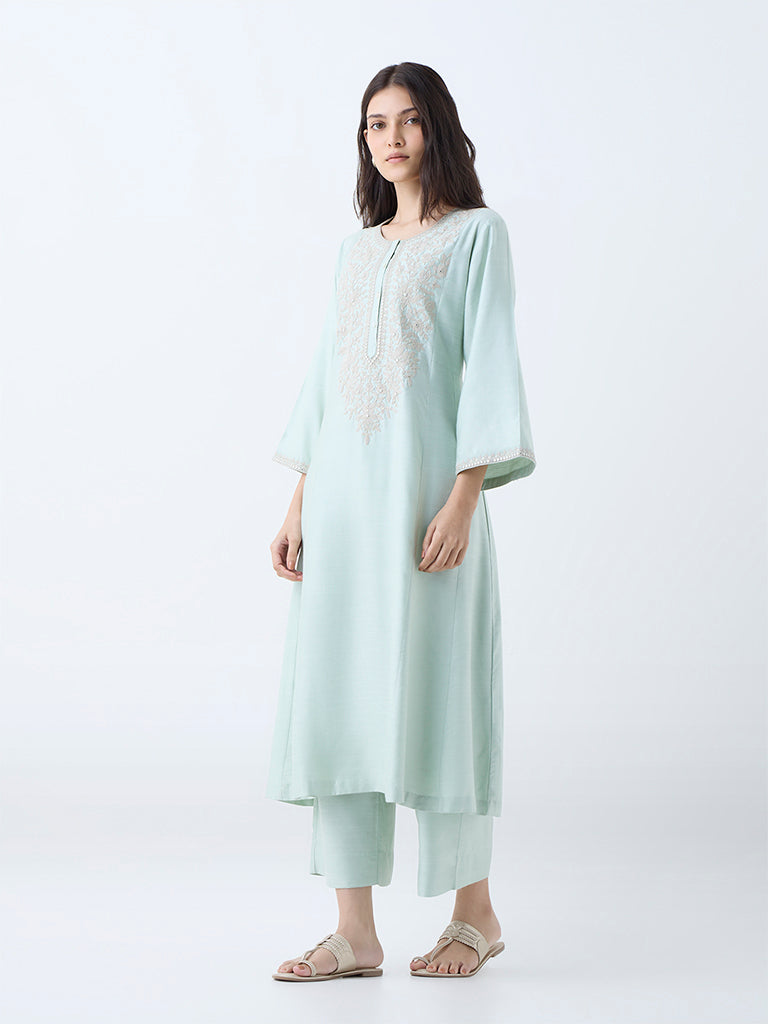 Zuba Mint Floral Embroidered A-Line Kurta - Image 2