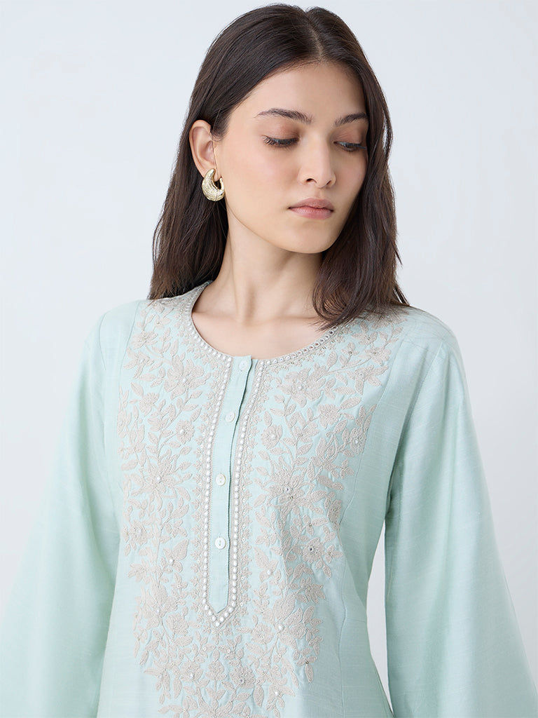 Zuba Mint Floral Embroidered A-Line Kurta - Image 3