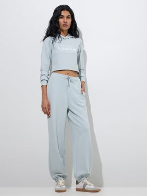 Studiofit Light Blue Text Printed Hoodie