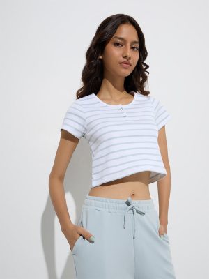 Studiofit White Stripe Pattern Cotton-Blend T-Shirt