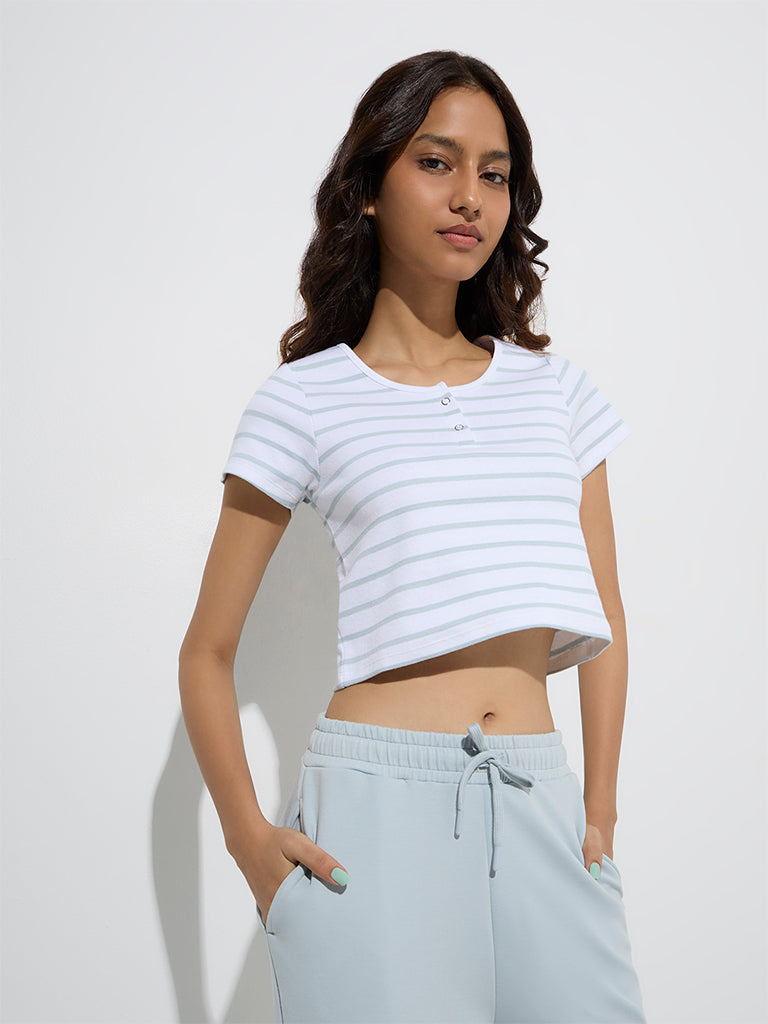 Studiofit White Stripe Pattern Cotton-Blend T-Shirt