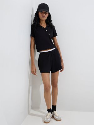 Studiofit Black Ribbed-Textured Cotton-Blend T-Shirt