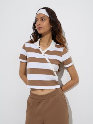 Studiofit Brown Stripe Cotton-Blend T-Shirt