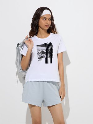 Studiofit White Printed Cotton T-Shirt