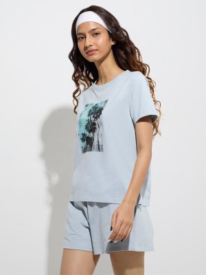 Studiofit Dusty Blue Printed Cotton T-Shirt