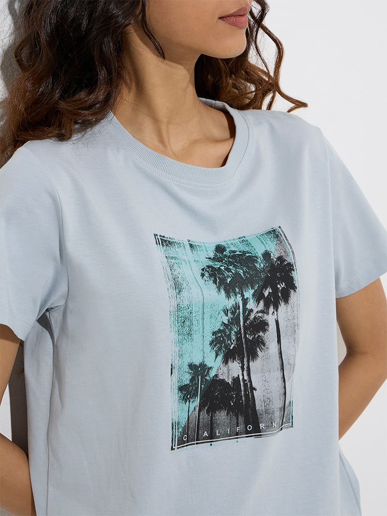 Studiofit Dusty Blue Printed Cotton T-Shirt - Image 3