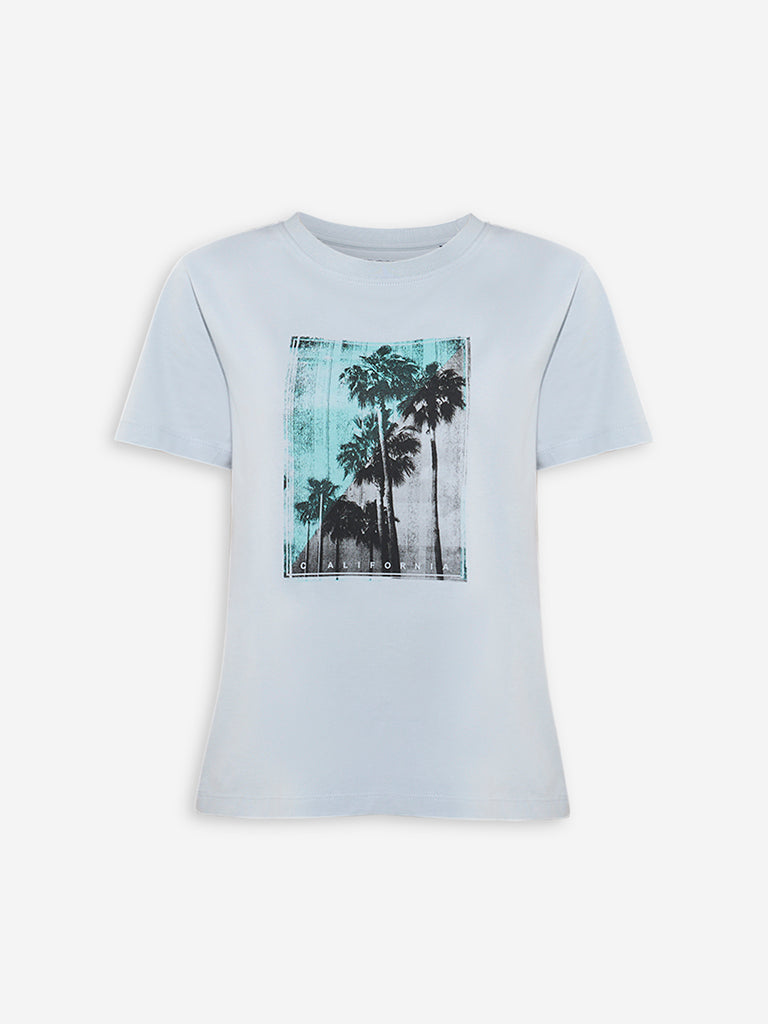 Studiofit Dusty Blue Printed Cotton T-Shirt - Image 5