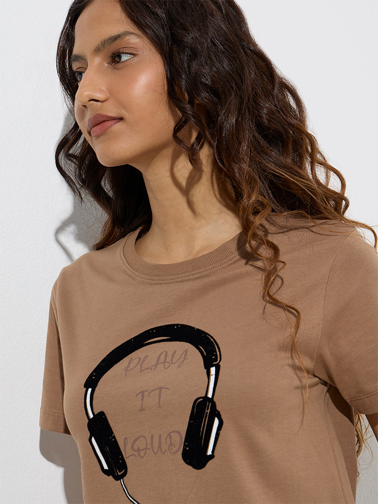 Studiofit Brown Printed Cotton T-Shirt - Image 3