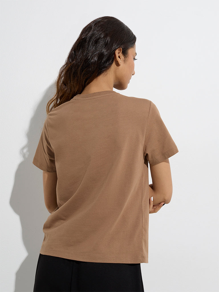 Studiofit Brown Printed Cotton T-Shirt - Image 4