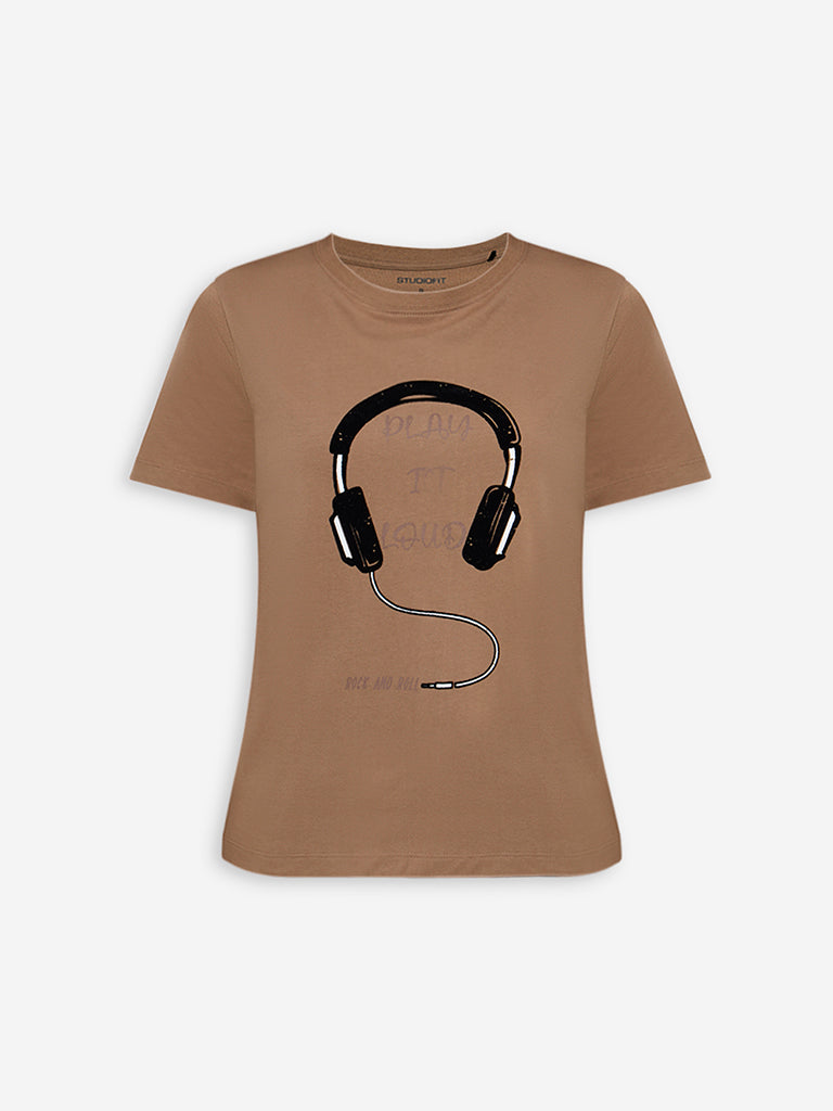 Studiofit Brown Printed Cotton T-Shirt - Image 5