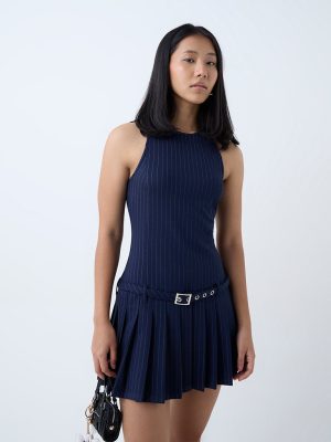 Nuon Navy Stripe Drop-Waist Dress with Belt