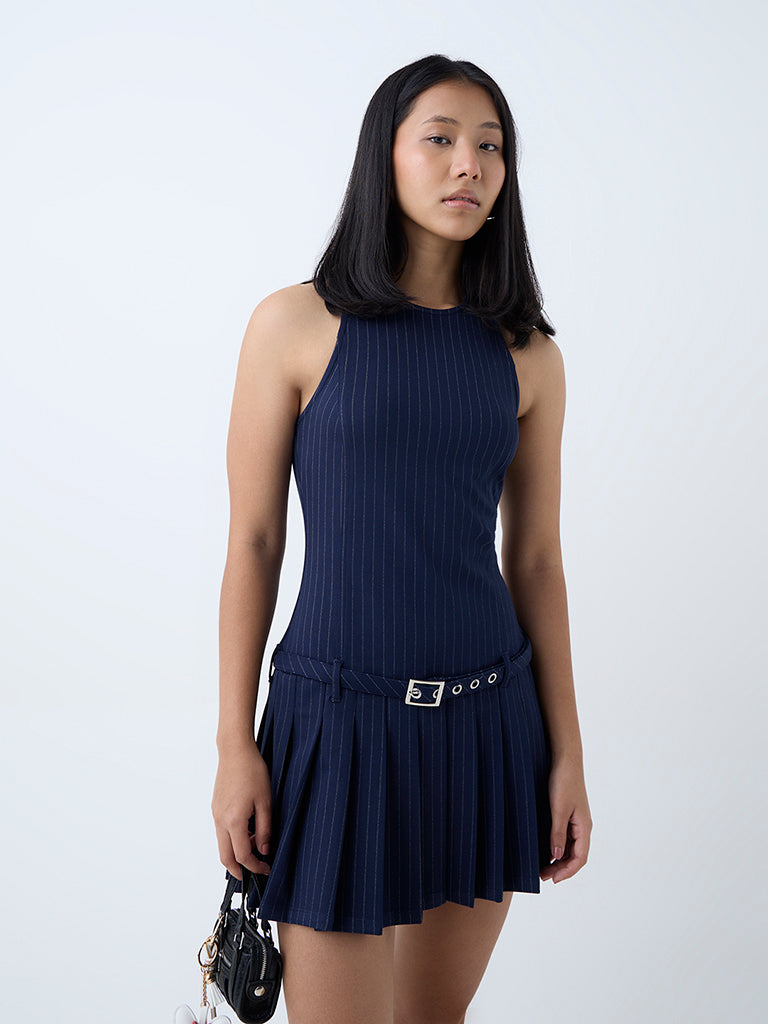 Nuon Navy Stripe Drop-Waist Dress with Belt