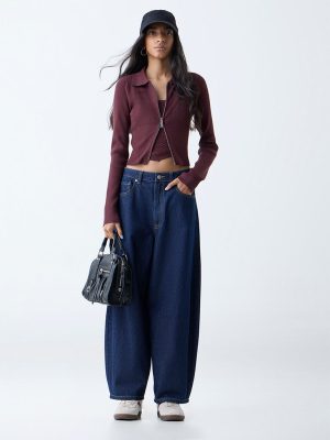 Nuon Dark Blue Barrel-Fit High-Rise Jeans