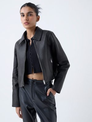 Nuon Black Solid Faux-Leather Jacket