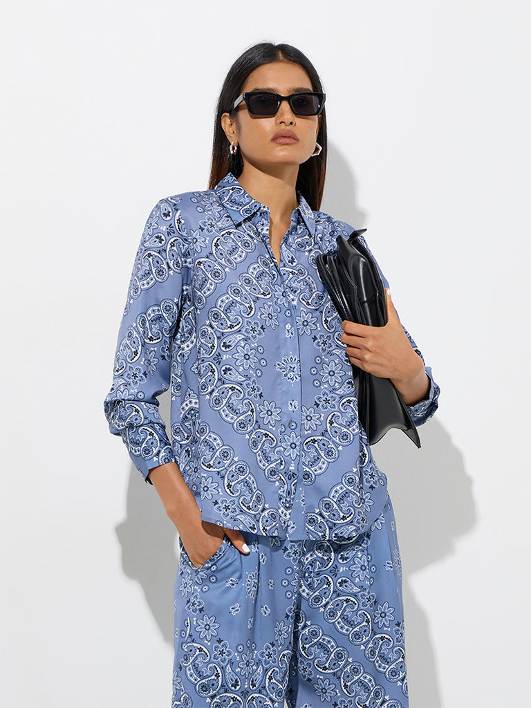 Wardrobe Dusty Blue Paisley Design Satin Shirt