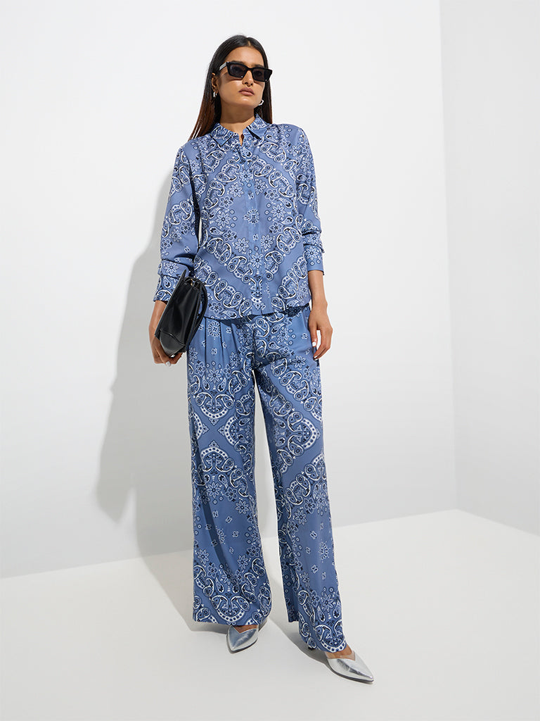 Wardrobe Dusty Blue Paisley Design Satin Shirt - Image 2
