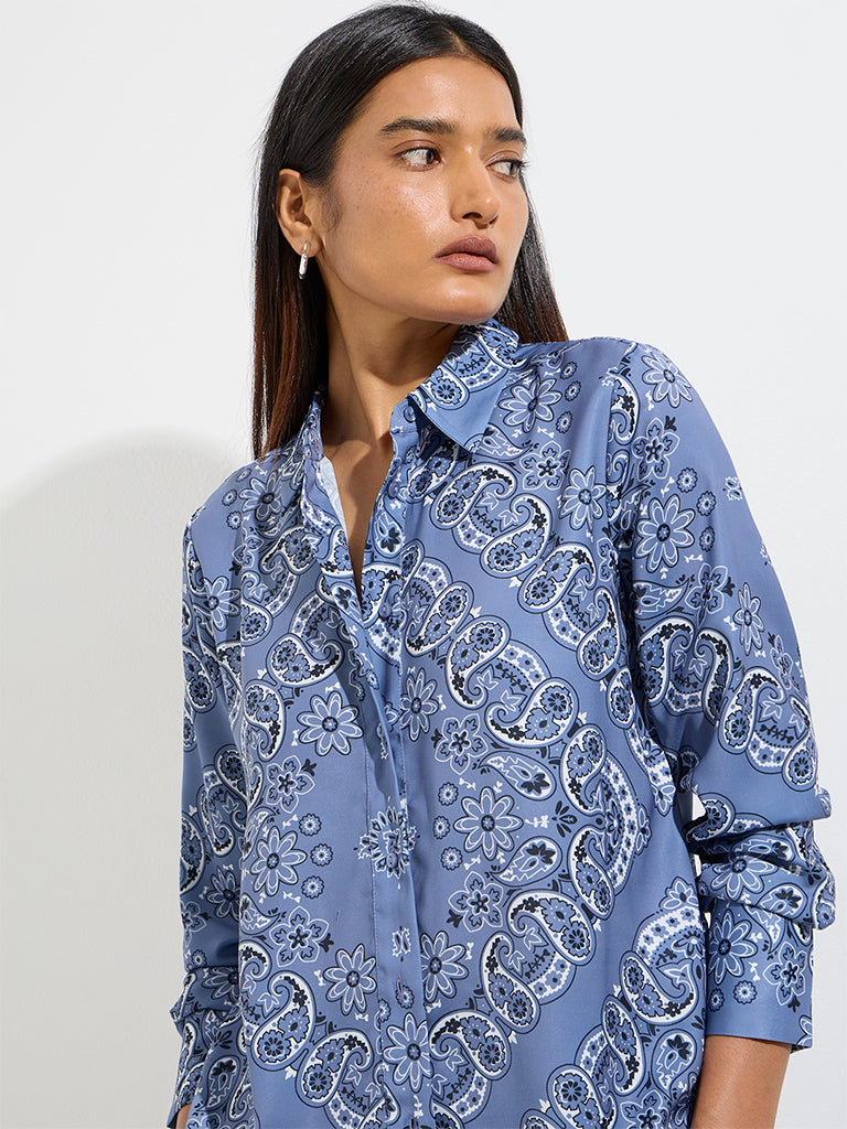 Wardrobe Dusty Blue Paisley Design Satin Shirt - Image 3