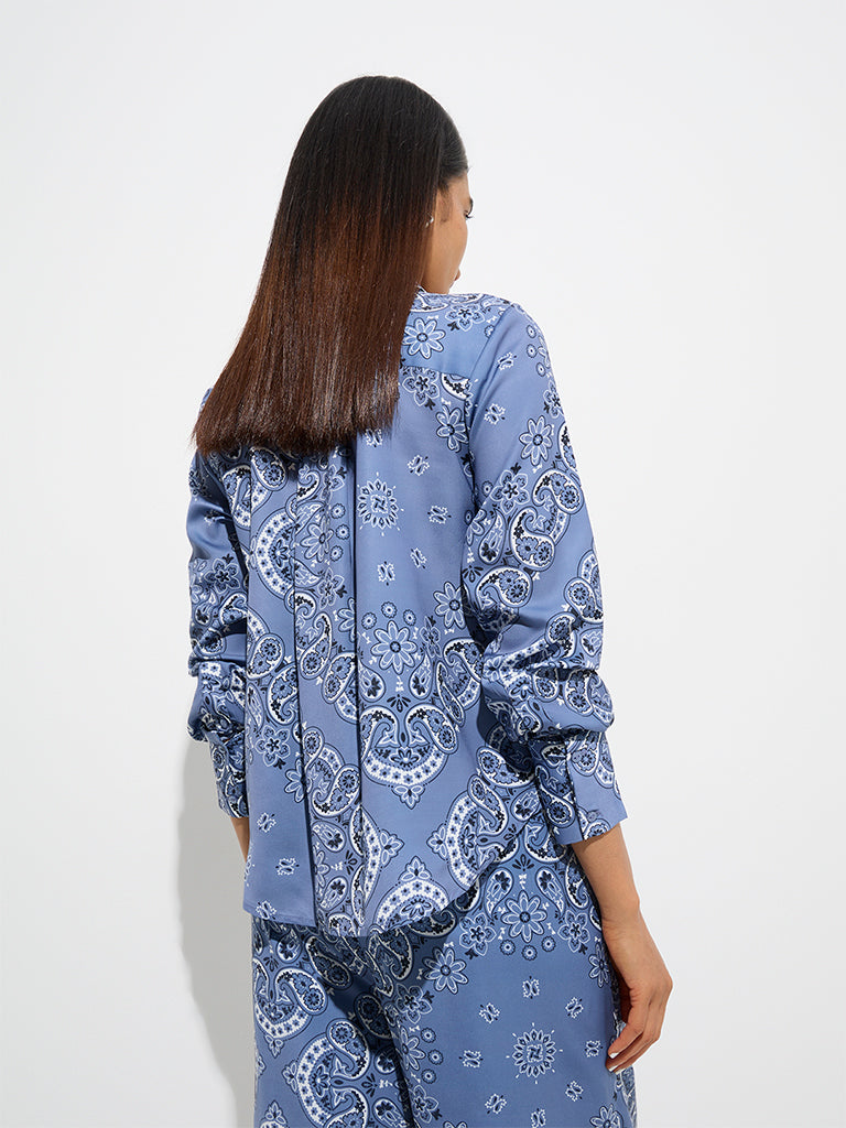 Wardrobe Dusty Blue Paisley Design Satin Shirt - Image 4