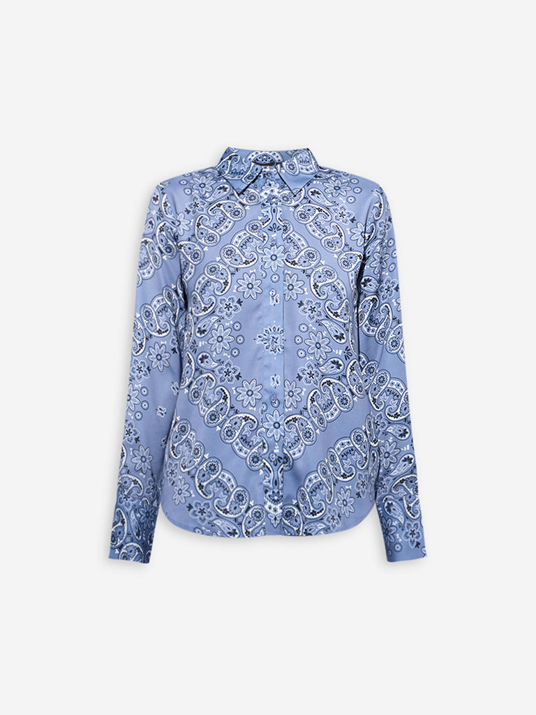 Wardrobe Dusty Blue Paisley Design Satin Shirt - Image 5