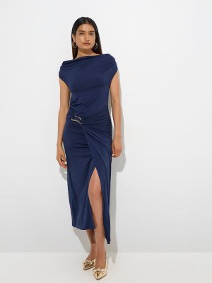 Wardrobe Navy Ruched Midi Dress