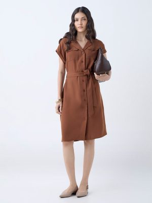 Wardrobe Tan Solid Shirt Dress with Belt