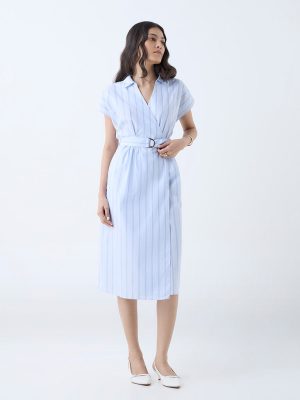 Wardrobe Light Blue Striped Cotton Wrap Dress with Belt