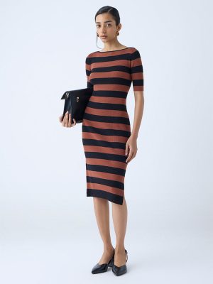 Wardrobe Tan Striped Bodycon Dress