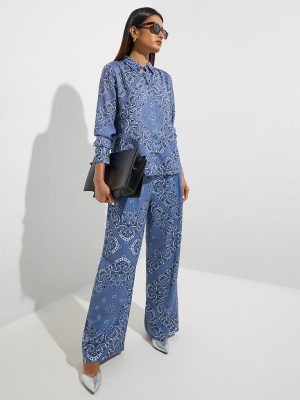 Wardrobe Dusty Blue Paisley Design High-Rise Trousers